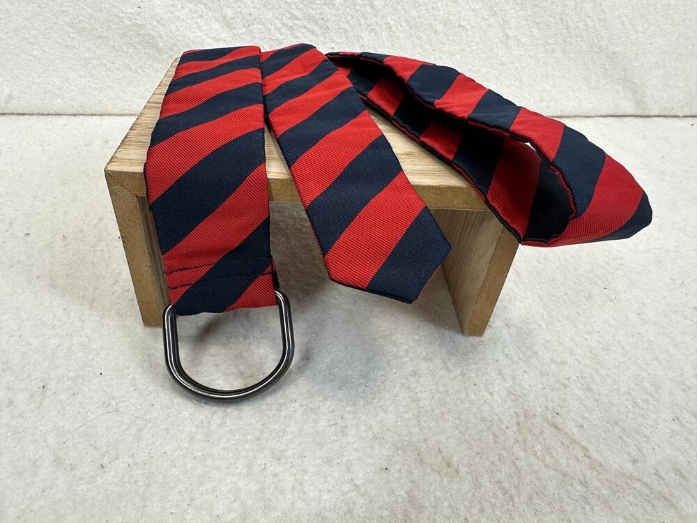Striped Red/Blue Tie Belt with Sturdy Silver D-Ring Fastener